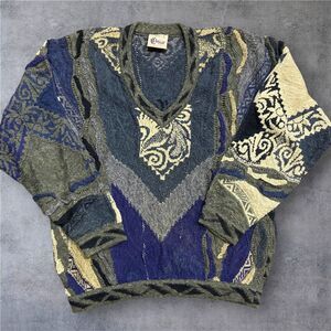 Coogi Classic Vintage 3D Knit Linen Cotton Multicolor V-Neck Sweater Men's L